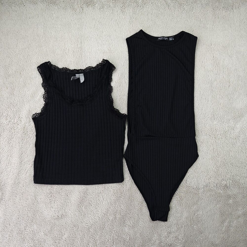 ASOS NastyGal Bundle Women's 0 Black Lace Top Ribbed Bodysuit Y2K Minimalist